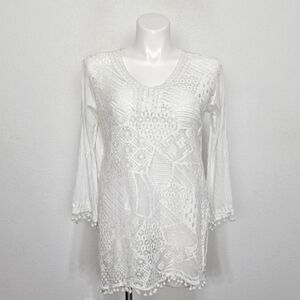 S.R. Fashion White Coquette Boho Crochet Semi Sheer Cover Up/Tunic Top Size XL